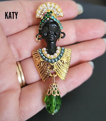 Vintage Art Deco Look BROOCH Blackamoor Gold Tone Green Crystal