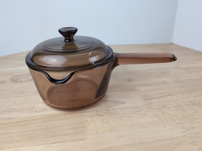 CORNINGWARE Visions Glass Sauce Pan Pot 1 L Amber Cookware USA Pyrex Lid 