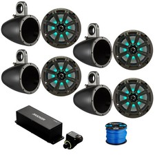 4x Kicker 8" 300W Marine LED Speakers,Grille, 4x 8" Black Pods, Remote,Wire
