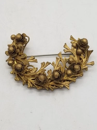 Vintage Miriam Haskell Crescent Large Heavy Brooch Gold Floral Layered