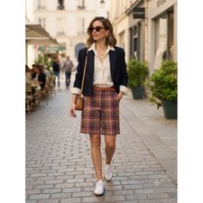 Vintage B. Moss Burgundy Brown Plaid Stretch Bermuda Shorts Women's 10 Longline