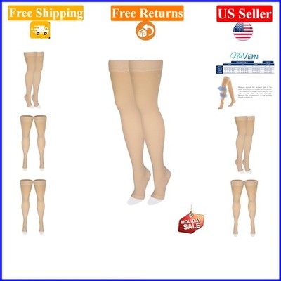 Unisex Medical Compression Stockings 15-20mmHg, Thigh Length, Open Toe, Beige...
