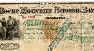 $100 "ROCKY MOUNTAIN NATIONAL BANK" (COLORADO) 1800'S "CERT. OF DEPOSIT" BEAUTY!