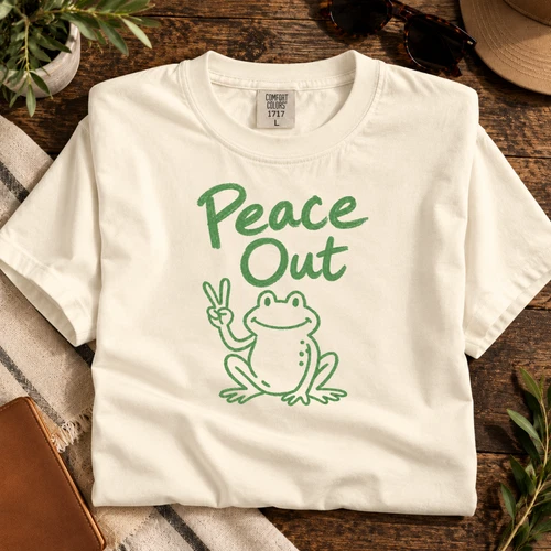 Peace Out Frog Graphic T-Shirt White Funny Cute Animal Tee Size L Print Ivory - product listing photo