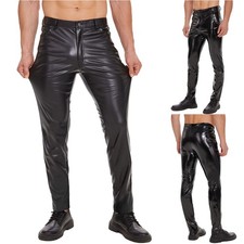 Men's Slim Fit Skinny PU Leather Trousers Punk Club Motorcycle Biker Long Pants
