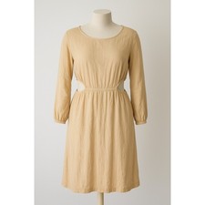 Womens Linen Dress Size XL Beige Long Sleeve Cutout Mini Casual Coastal Cottage