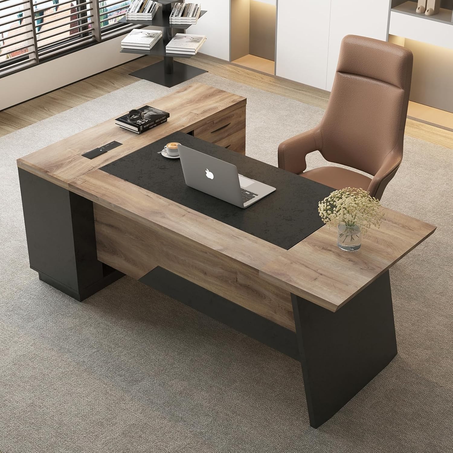 78.74in L Shape Executive Desk w/Drawer Shelves Large Office Desk Computer Table