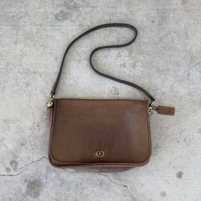 VTG COACH Covertable NYC Brown Tabac Leather Shoulder Clutch Turnlock Bag 80 s