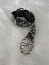 Vintage Sterling Silver Turquoise Black Leather Concho Belt