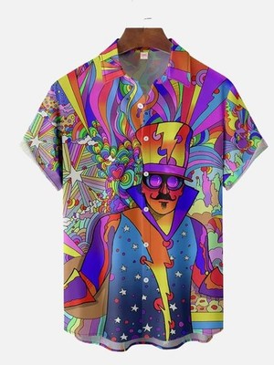 Herren Button Down Psychedelic Magier Grafik Hawaii Oberteil Neuheit Urlaub Hemd