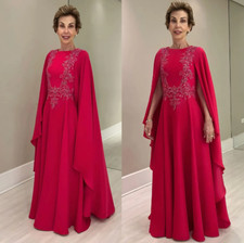 Fuchsia Mother Of The Bride Dresses Beaded Jewel Neck Cape Evening Gowns