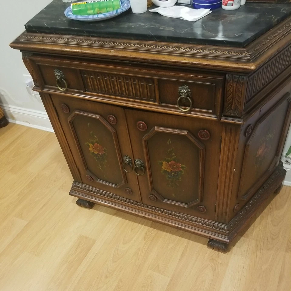 Cómoda antigua con tapa de mármol negro y cajón de servidor Foto 2 de 4