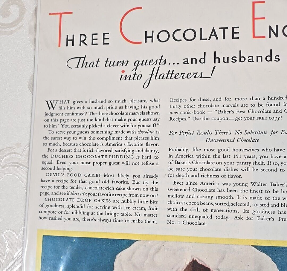Baker's Chocolate Three Chocolate Enhancements full page print ad 1931
