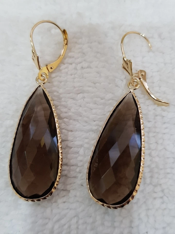14K Yellow Gold Gemstones Dangling Earrings With Smoky, Leverback lock. - Image 3 of 4