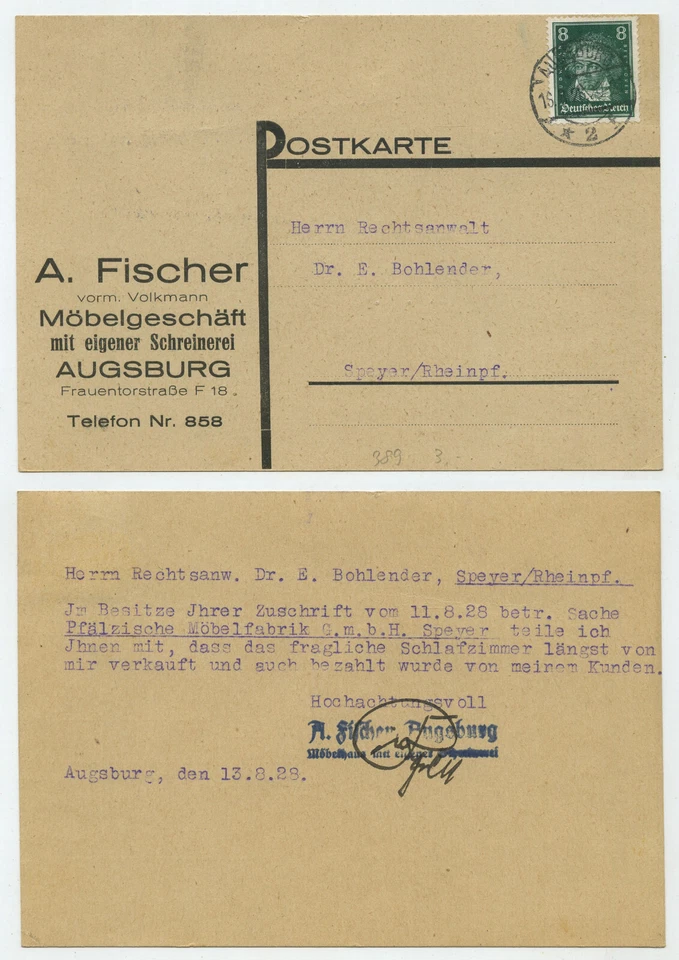 98473 - Postkarte A. Fischer, Möbelgeschäft - Augsburg 16.8.1928 nach Speyer - Bild 1 von 1