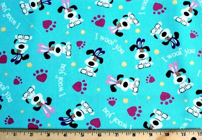 BTY*FACE MASKS*I WOOF YOU DOG & PAW PRINTS ON TURQUOISE 100% COTTON FABRIC 44X36