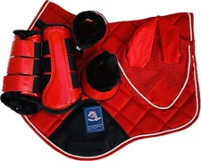Matchy Jumping Saddle Pad Set, Ear Net/Brushing Boots/Bell Boots Red/Orange/Pink