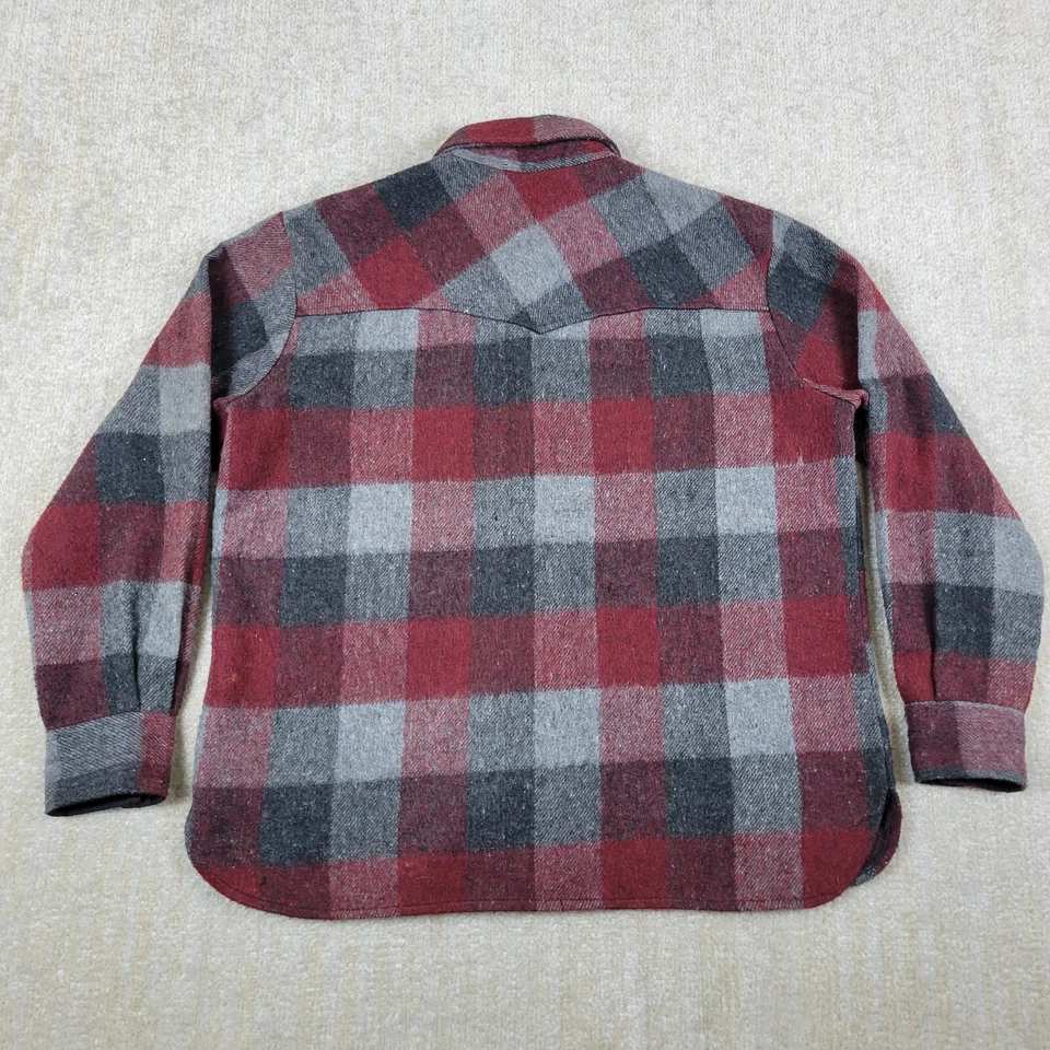 复古 Monterey Knits 羊毛混纺法兰绒衬衫男式 L 红色格子纽扣美国 — 第 2/4 张图片