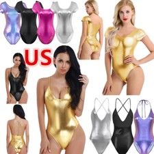 Womens Metallic Liquid Short Sleeve Gymnastic Dance Leotard Bodysuit Swimsuit