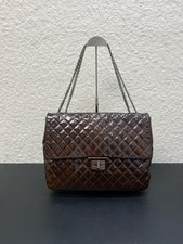 Auth Chanel 2.55 Maxi Flap Shoulder Bag Dark Brown Quilted Patent Leather
