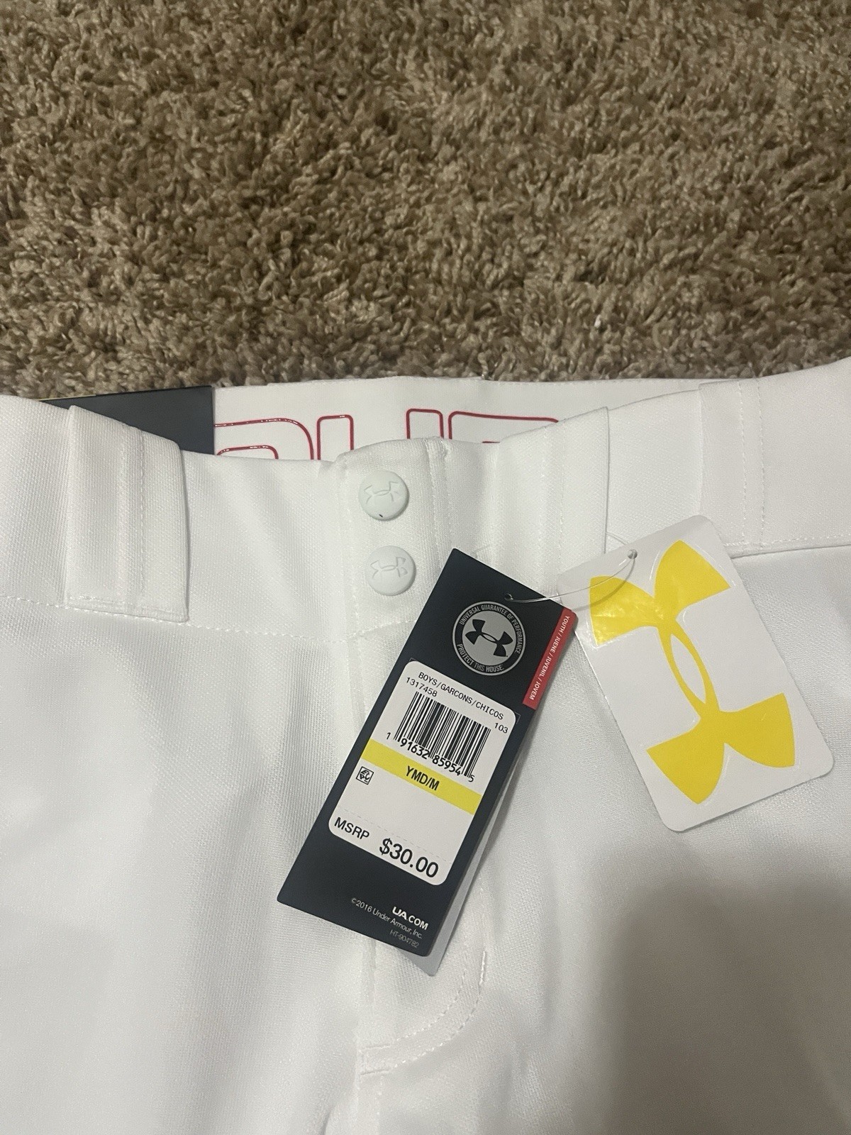 Under Armour Boys Youth M White w/ Red Piped Relaxed Fit Baseball Pants-NWT thumbnail 2