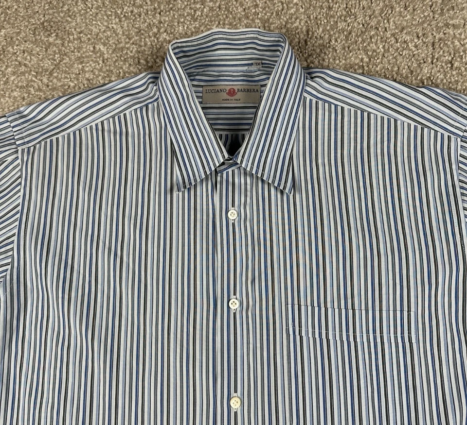 Luciano Barbera Shirt Mens XL Blue Striped Button Long Sleeve Made In Italy - Image 2 of 4