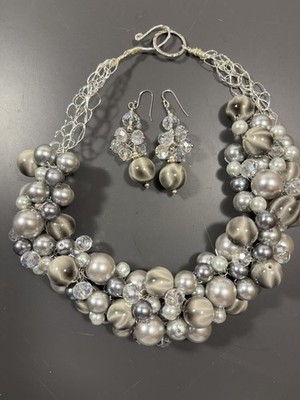 Necklace and Earring Set 1 Pair Handmade Mixed Beads Gray Pearl Crystal