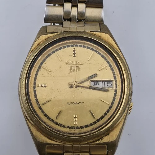 Vintage Seiko 5 Automatic Watch 7009-3070 Gold Tone Day Date Mens Ticks Needs