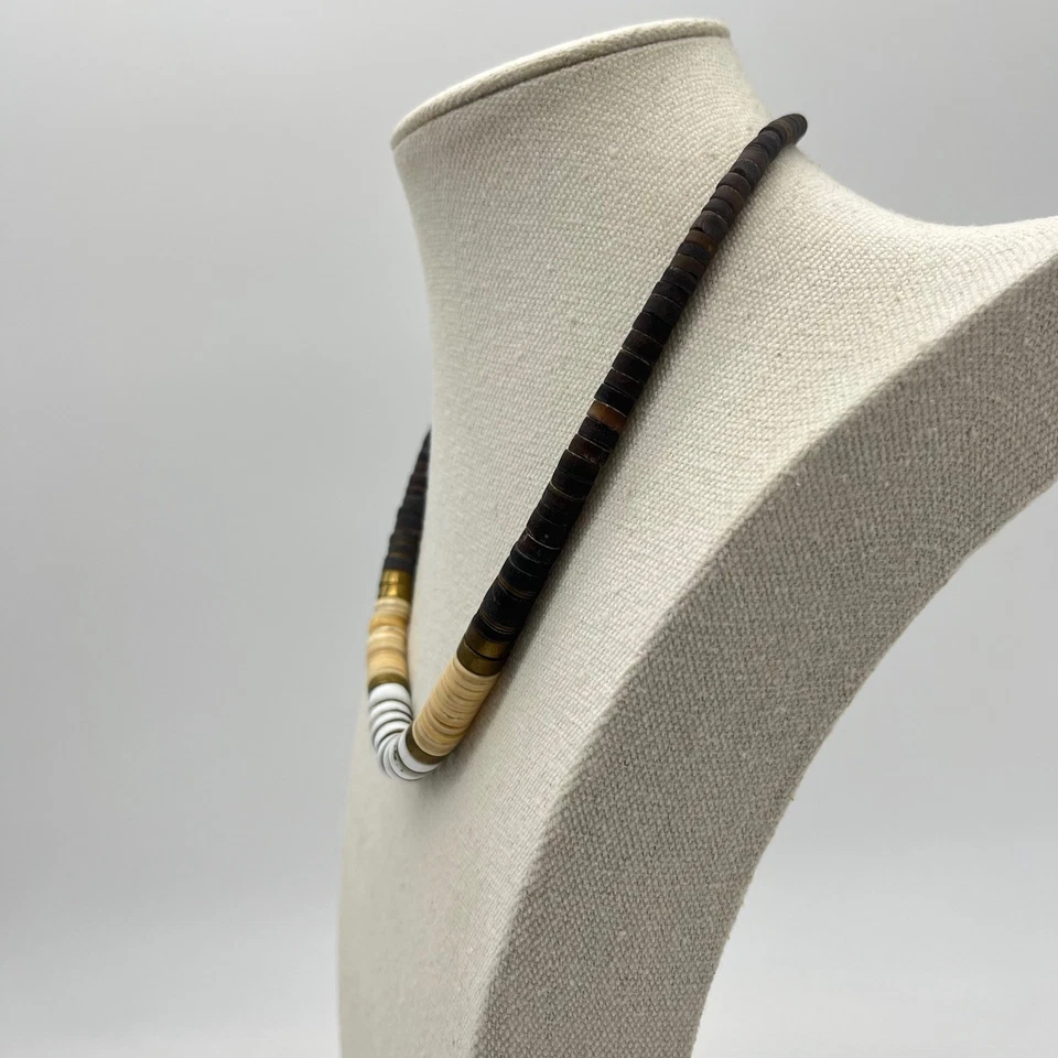Vintage Heishi Necklace Brown White Brass Disc Beads Surfer Boho Statement - Image 3 of 4
