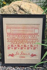 Antique 1906 Needlework Sampler Framed Redwork Alphabet Animals H. Hänel Framed