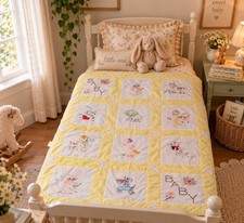 Vintage Handmade Baby Quilt Hand Embroidered Animals Yellow Nursery Crib BABY