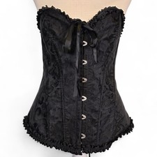 Black Lace-Up Corset Bustier Boned Gothic Steampunk Ruffle Trim Size M Victorian