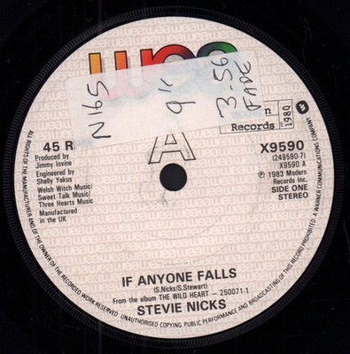 Stevie Nicks If Anyone Falls 7'' vinyl UK Wea 1983 has radio station info sticker