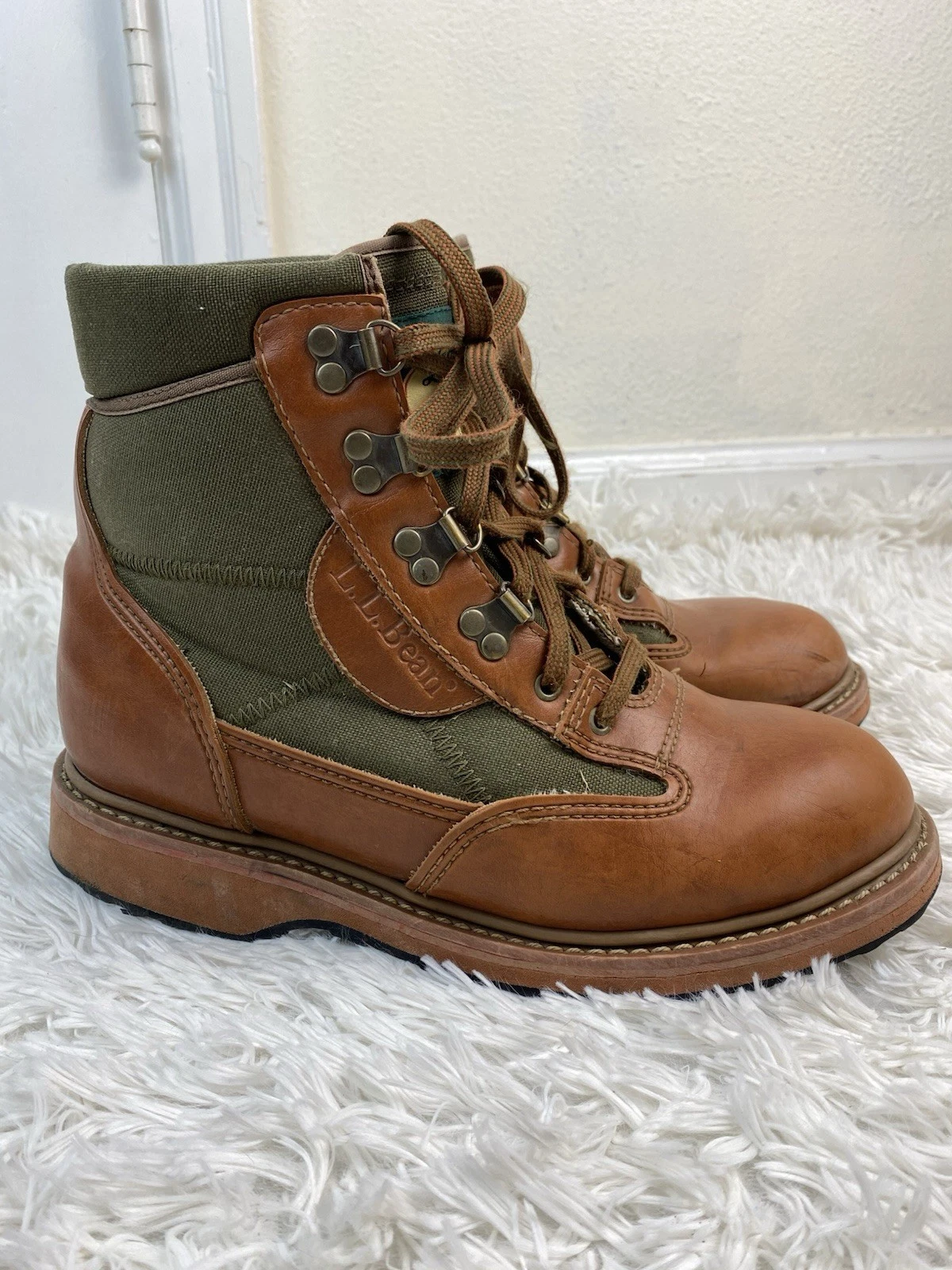 Vintage L.L. Bean Men's 8 Brown Leather Green Nylon Fly Fishing Boots