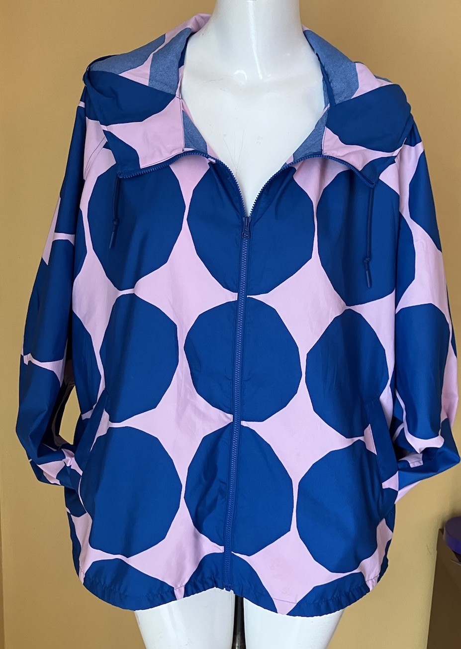 Marimekko Uniqlo Large Dot Jacket Wind Breaker Blue Pink Hood Zip Front XL thumbnail 10