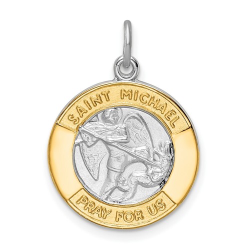 Pray For Us Saint Michael Medal Charm Pendant In TwoTone Gold Sterling