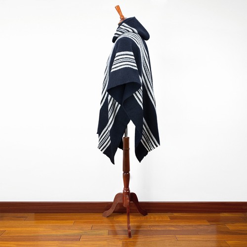 Llama Wool Mens Unisex South American Hooded Poncho Jacket Striped Midnight Blue - Picture 5 of 11
