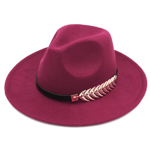Women Wool Blend Panama Hat Wide Brim Fedora Cap Alloy Fish Bone Leather Band - Picture 9 of 28