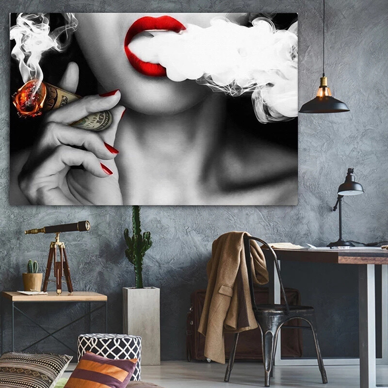 red lips smoking cigarette Red Lips Smoking Woman Painting On Canvas Prints And Posters Wall Art  Decoration