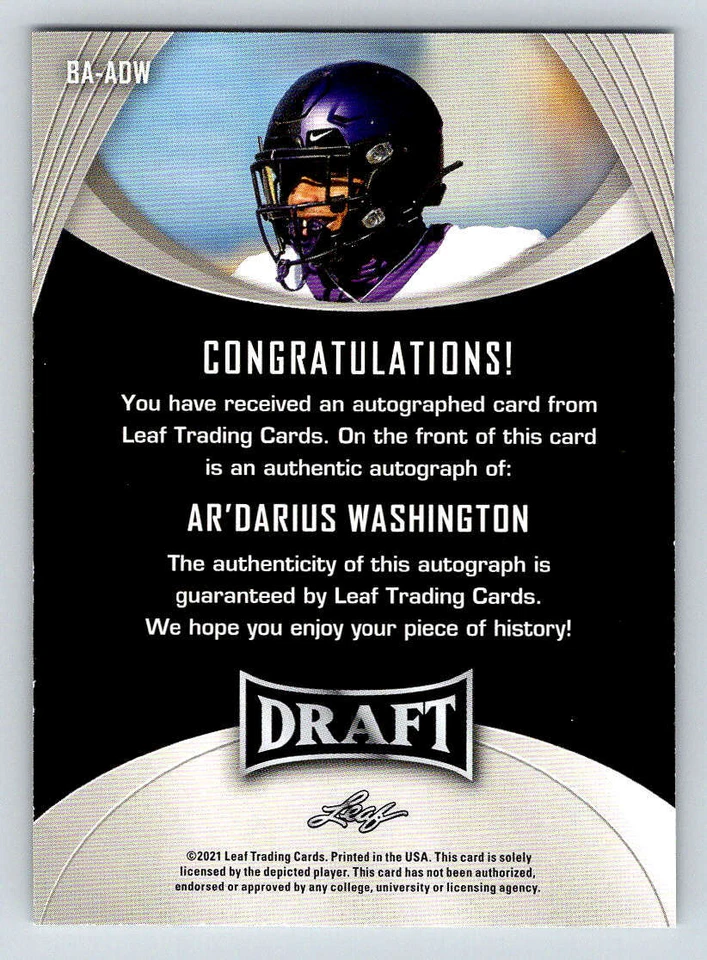 2021 Leaf Draft Autographs #BAADW Ar?Darius Washington (ref 179249) - Image 2 of 2