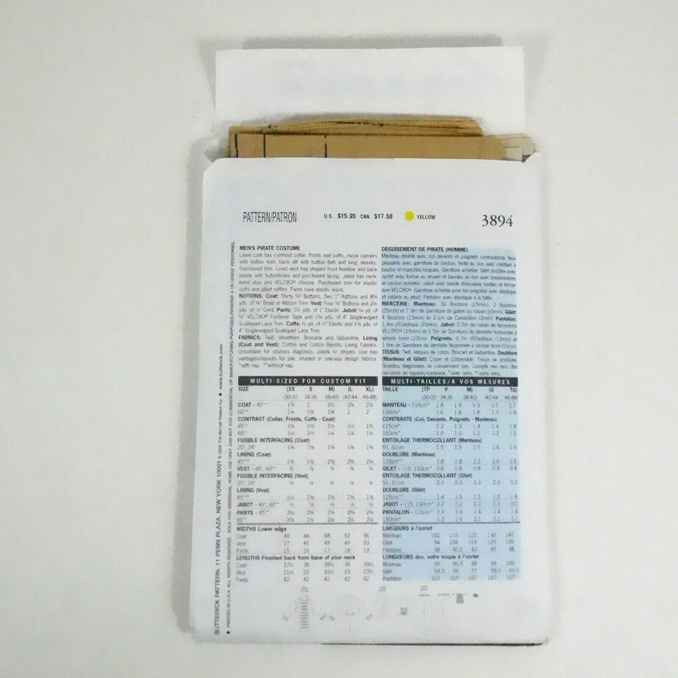 Butterick 3894 Mens Pirate Costume Sewing Pattern Sz L-XL Uncut Sherlock Holmes - Image 3 of 4