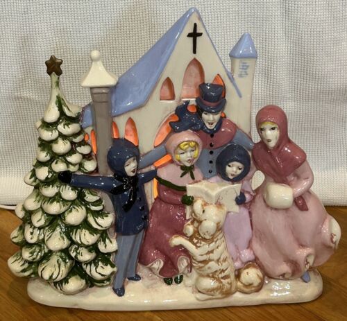 Vtg Atlantic Mold Ceramic Christmas Tree Carolers Lighted Figurine Hand Painted - Picture 15 of 20