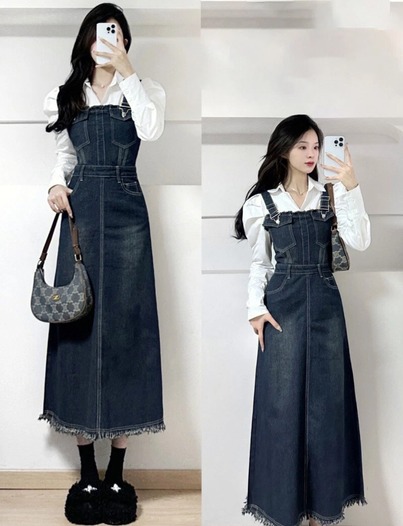 Japanese women retro denim dress jumpsuit Pocket overalls Jeans Harajuku