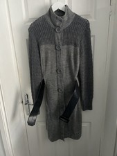 Passport Ladies 100% Wool Grey Long Coat With Faux Leather Belt - Size 42 (12/14