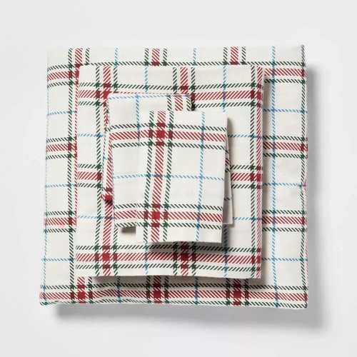 Threshold flannel sheet set - 3 pc white red green plaid TWIN NIP - Picture 11 of 15