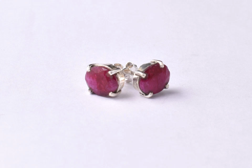 Handcrafted 925 Sterling Silver Ruby Gemstone Prong Set Stud Earrings Women Wear - Image 2 of 4