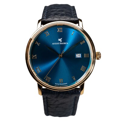Men's Swiss Quartz Watch 40mm Gold Case Blue Dial Italian Leather August Raurica