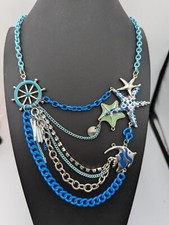 Multi Strand Nautical Enamel Charm Necklace Chains Beach Blue Starfish Sea