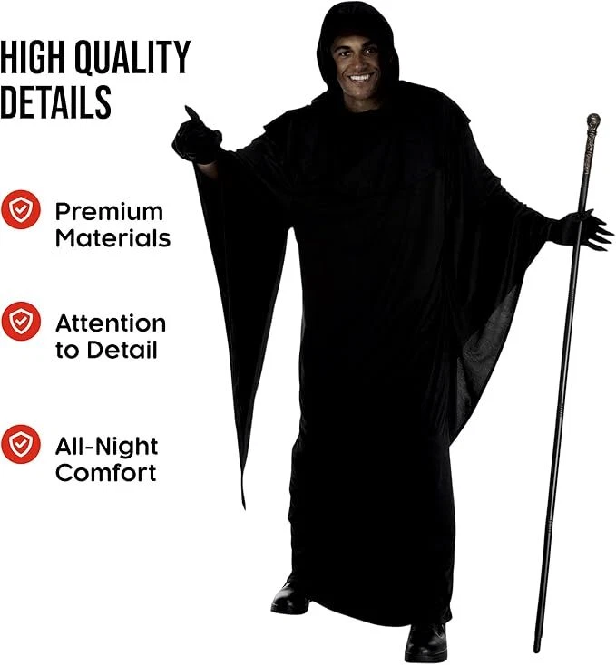 Men`s Grim Reaper Costume Adult Scary Hooded Death Robe & Gloves Halloween - Image 3 of 4