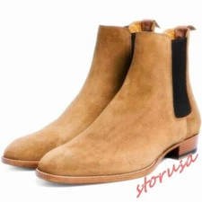 Mens Real Suede Leather Pull On Pointy Toe Chelsea Ankle Boots High Top Shoes sz